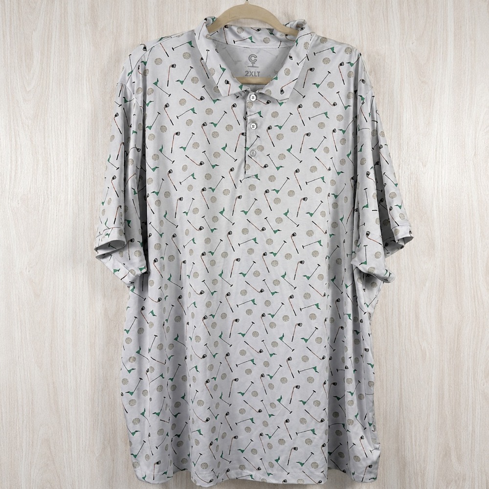 Caddy Cart Golf Polo Shirt White Golf Club Ball Print Big Tall Men's 2XLT UPF 50
